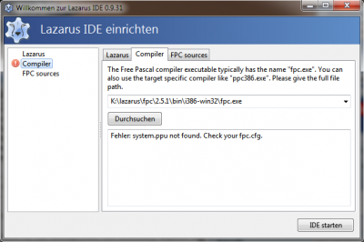 Lazarus IDE einrichten, <br />Fehler: system.ppu not found. Check your fpc.cfg.